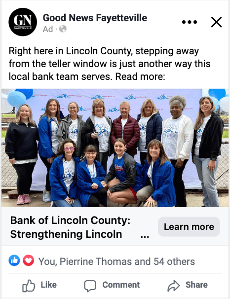 Good News Fayetteville Facebook ad for Bank of Lincoln County