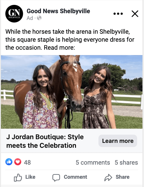 Good News Shelbyville Facebook ad for J Jordan Boutique